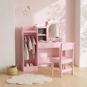 Pink 3-in-1 kids dressing table styled in a bedroom with hanging outfits