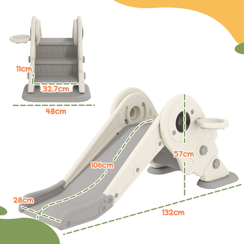 Dimension diagram of the kids slide showing 132L x 48W x 57H cm and step sizes