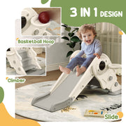 Labelled 3-in-1 design showing the basketball hoop, climber and slide sections