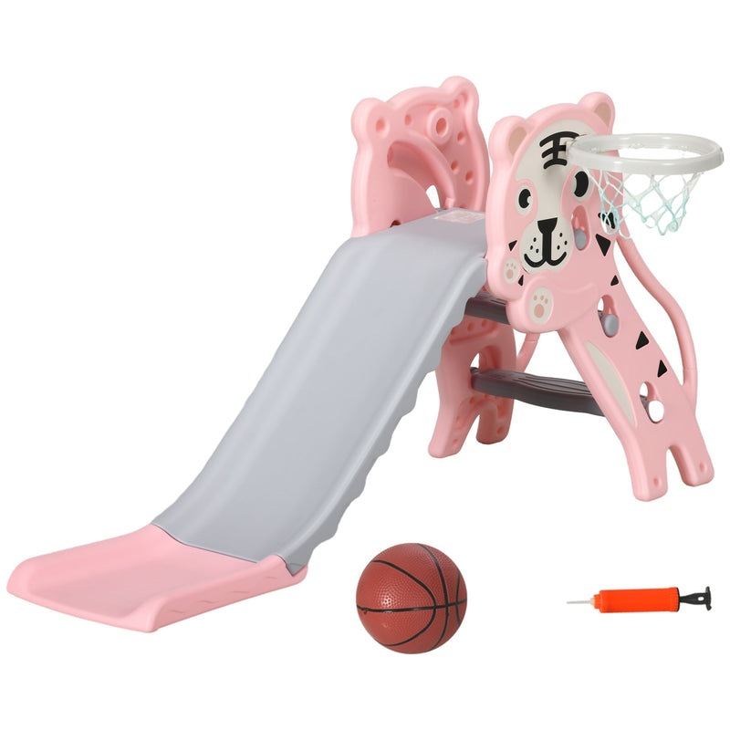 AIYAPLAY pink and grey tiger-themed 3-in-1 kids slide with basketball hoop, basketball and pump, studio shot
