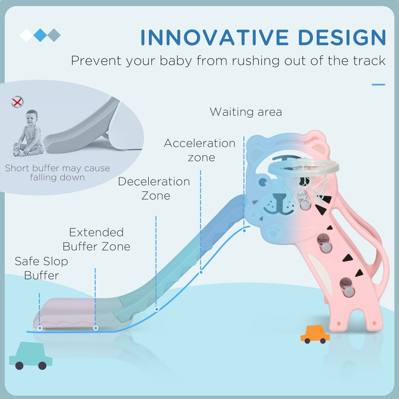 Innovative design diagram showing the slide's safety buffer zones that stop a child sliding off the end