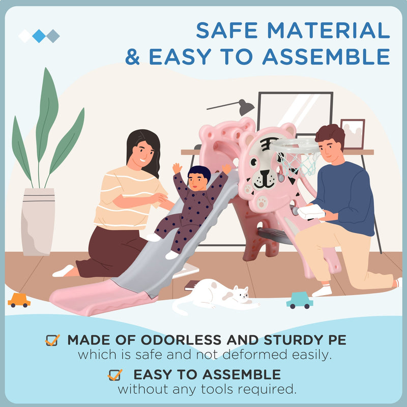 Illustration of a parent and child using the slide, captioned safe odourless PE material and tool-free assembly