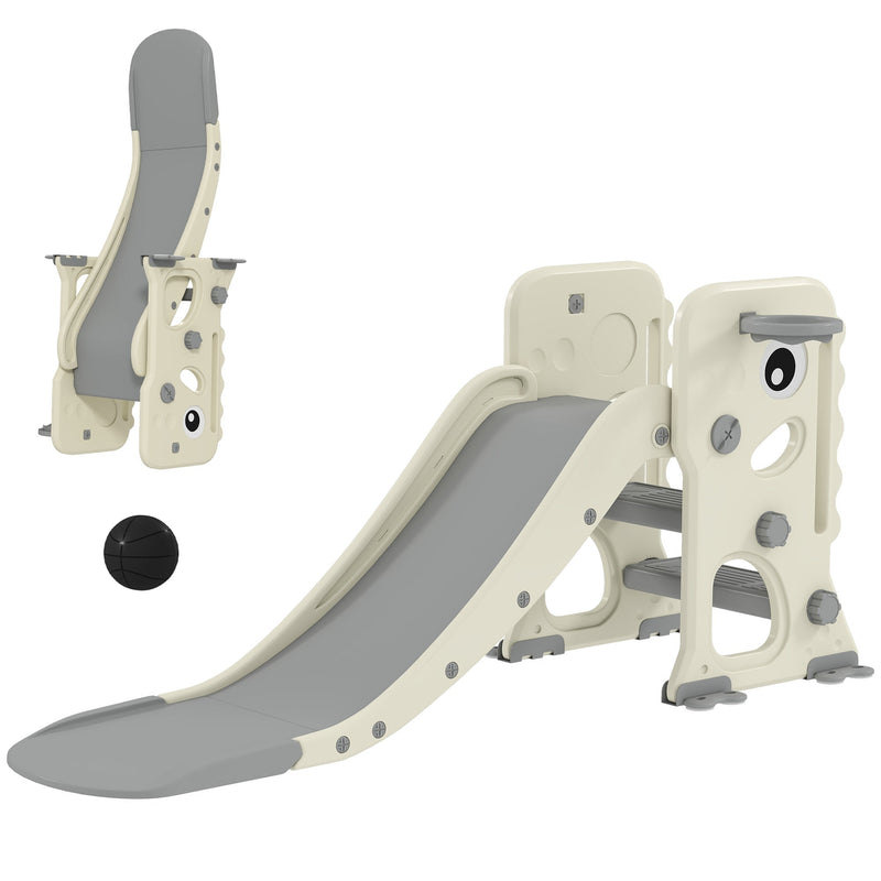 Aiyaplay 3-in-1 kids slide in cream white with grey accents, showing the climber, slide and basketball hoop