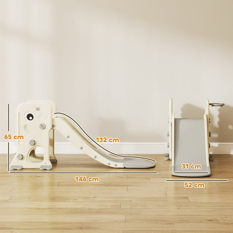 Dimension diagram of the Aiyaplay kids slide showing 146L x 52W x 65H cm overall and 132L x 31W cm slide