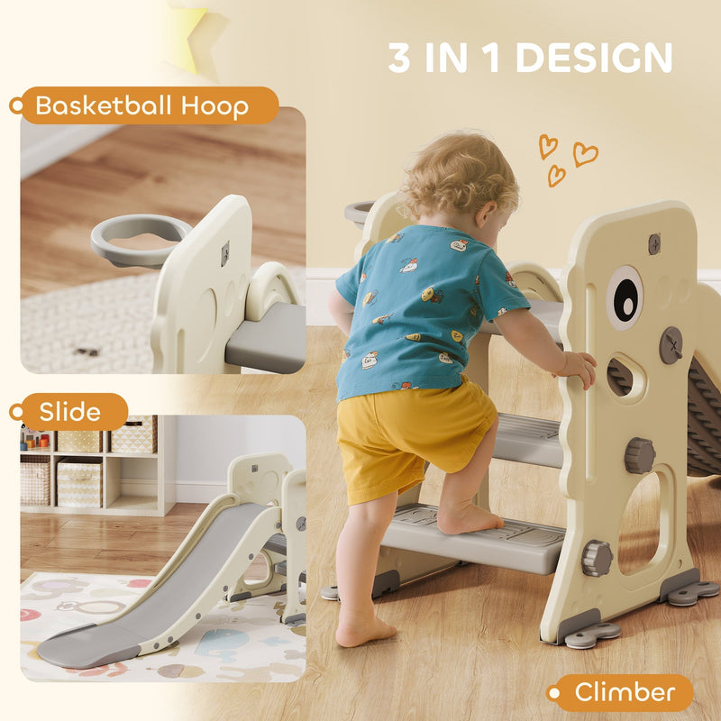 Collage of the 3-in-1 design: basketball hoop, slide and climber in use