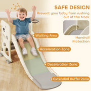 Safety graphic showing the slide's waiting area, acceleration zone and handrail protection