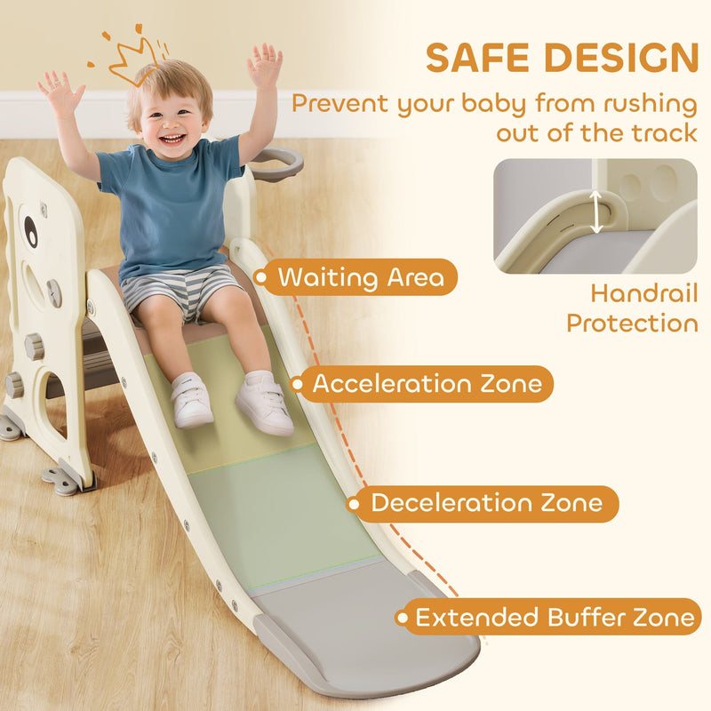 Safety graphic showing the slide's waiting area, acceleration zone and handrail protection