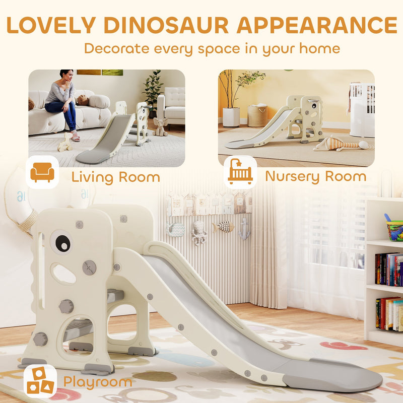 Aiyaplay kids slide with dinosaur-style design shown in a living room, nursery and playroom