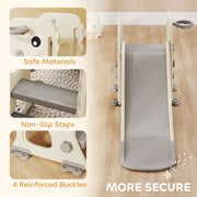 Close-up of the slide's non-slip steps and reinforced buckles, labelled safe materials and more secure