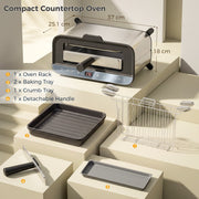 Dimensions diagram showing 37 x 25.1 x 18 cm in oven mode with rack, trays and handle