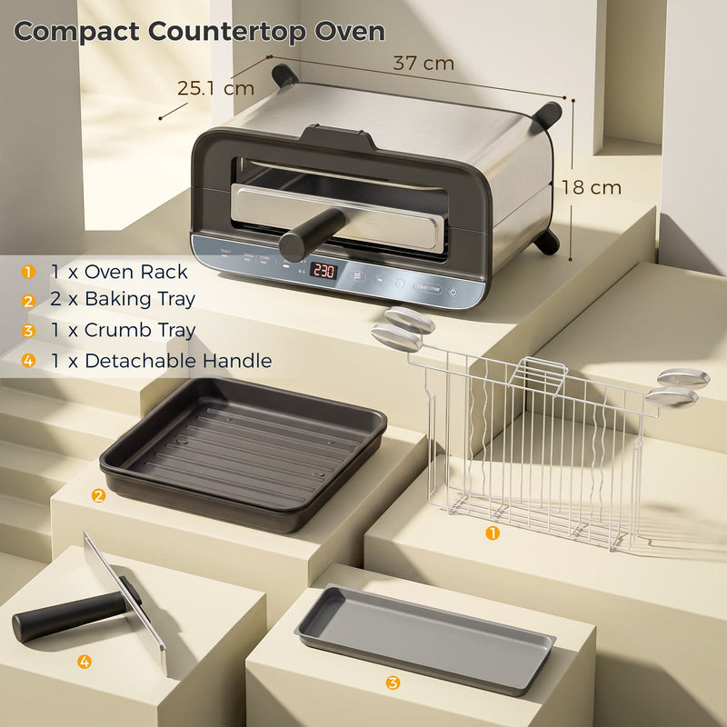 Dimensions diagram showing 37 x 25.1 x 18 cm in oven mode with rack, trays and handle