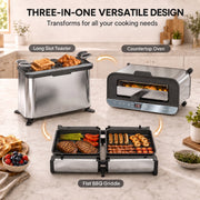 Panel showing the three modes: long slot toaster, countertop oven and flat BBQ griddle