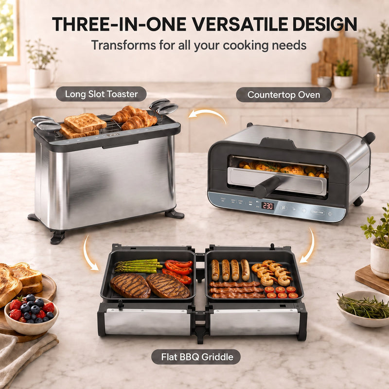 Panel showing the three modes: long slot toaster, countertop oven and flat BBQ griddle