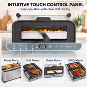 Touch control panel with Toast, Grill, Oven and BBQ menus on the LED display