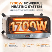 1700W upper and lower heating elements with 100-230C range and 1-60 minute timer
