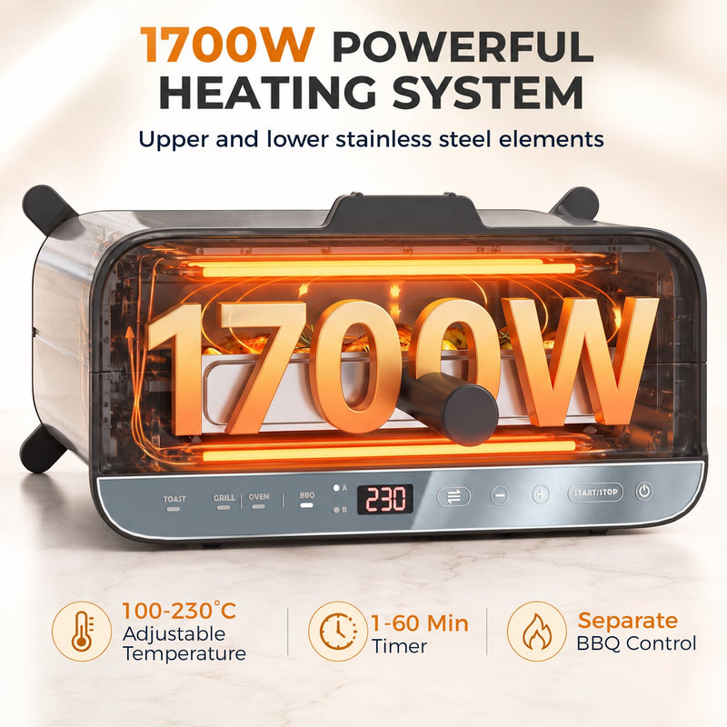 1700W upper and lower heating elements with 100-230C range and 1-60 minute timer