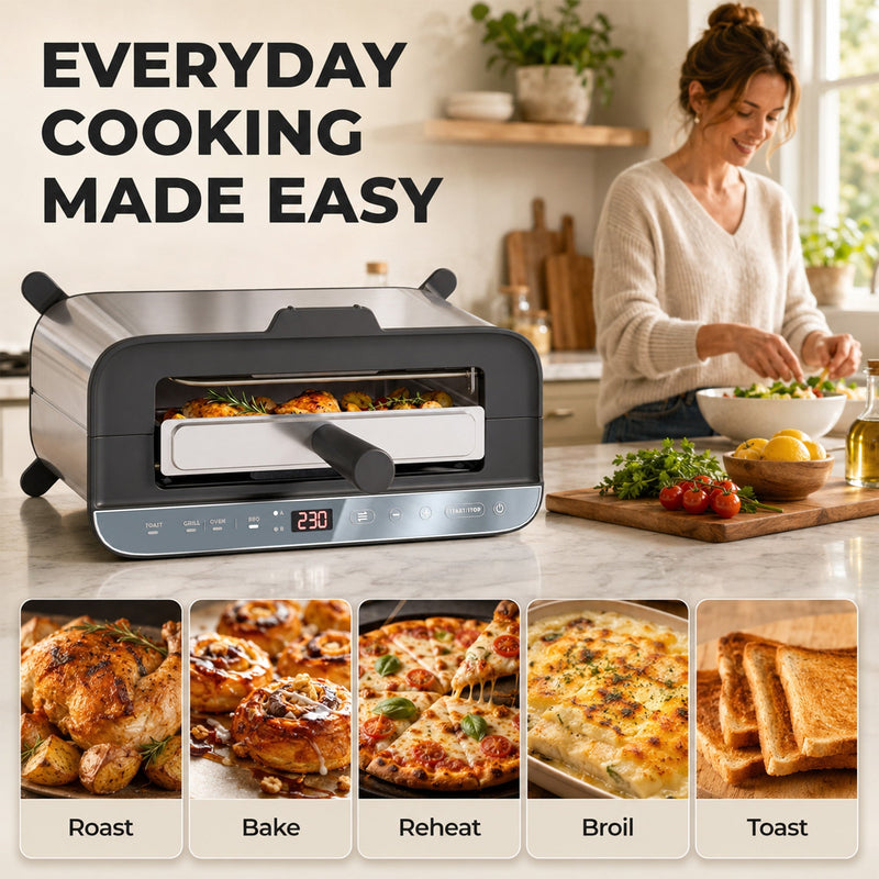 Cooking modes shown as roast, bake, reheat, broil and toast beneath the open oven
