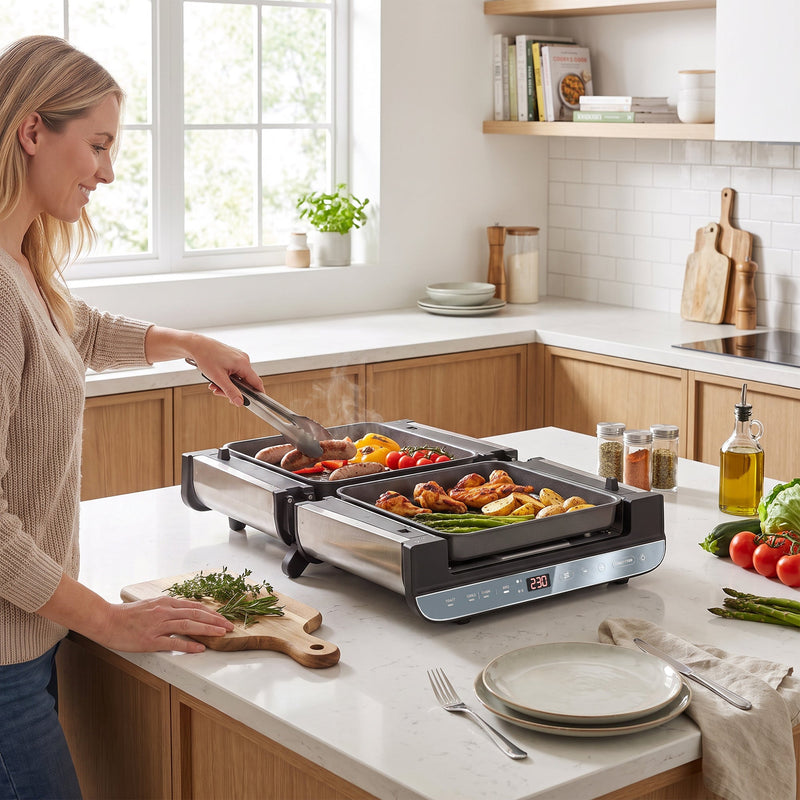 Woman turning food on the appliance opened out flat as a BBQ griddle
