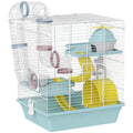 Pawhut 3-level blue hamster cage with tunnels, hut and exercise wheel on a plain background