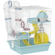 Pawhut 3-level blue hamster cage with tunnels, hut and exercise wheel on a plain background