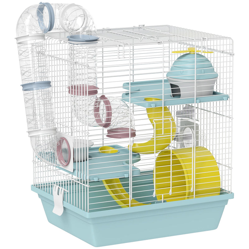 Pawhut 3-level blue hamster cage with tunnels, hut and exercise wheel on a plain background