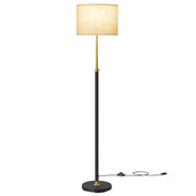 Studio shot of the Vasagle 3-Light Floor Lamp with a black pole, gold accents and cream fabric shade