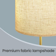 Close-up of the fabric lampshade texture and gold pole connector