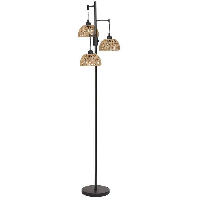 Black 3-light floor lamp with three woven paper rope shades, studio shot