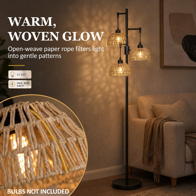 Close-up of an open-weave paper rope shade with text noting bulbs not included