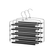 Three multi bar trouser hangers stacked together showing the chrome hooks