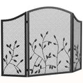 Homcom black three panel fireplace screen with leaf detailing on a white background