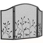 Homcom black three panel fireplace screen with leaf detailing on a white background