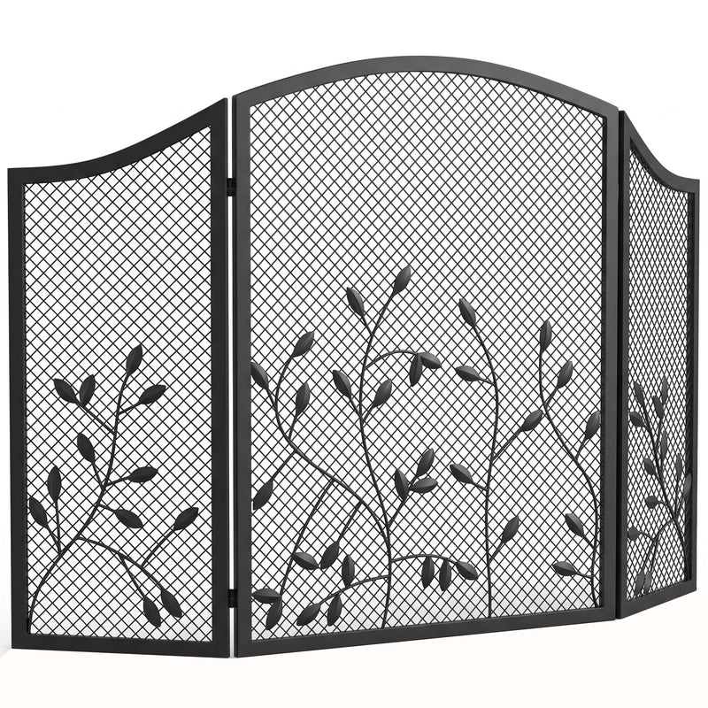 Homcom black three panel fireplace screen with leaf detailing on a white background