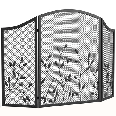 Homcom black three panel fireplace screen with leaf detailing on a white background