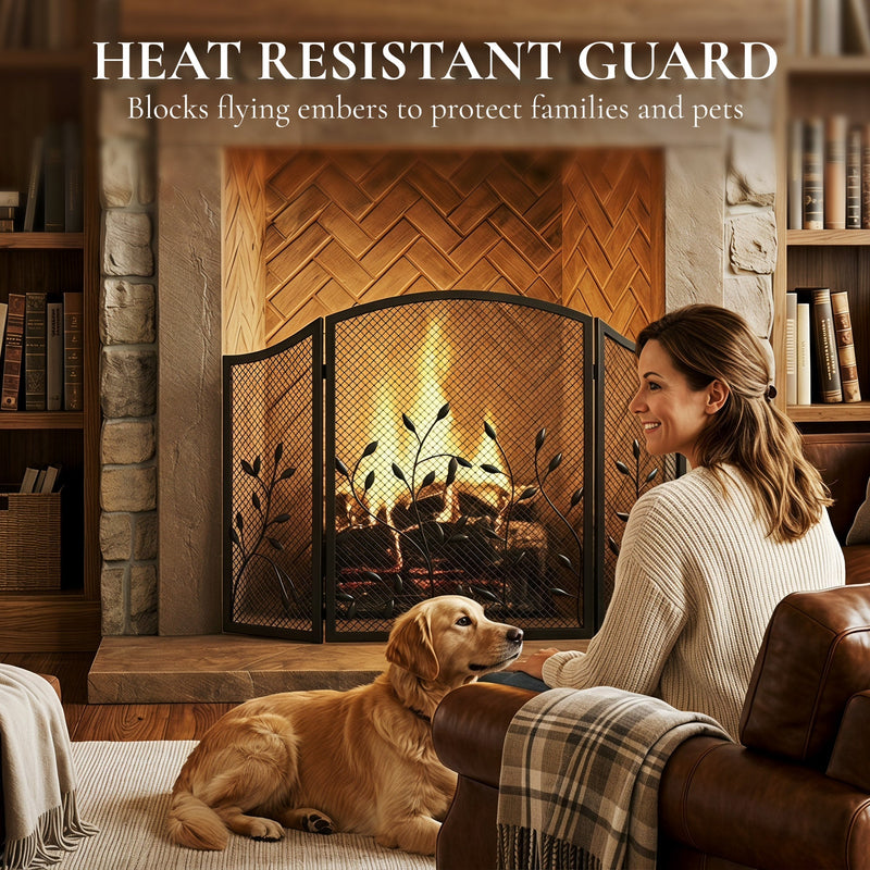 Heat resistant guard panel showing the screen shielding a woman and dog from the fire
