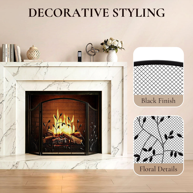 Styling panel with close-ups of the black powder-coated finish and floral leaf detailing