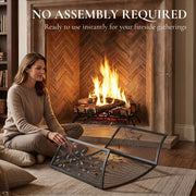 No assembly panel showing a woman unfolding the screen on the floor by a fire