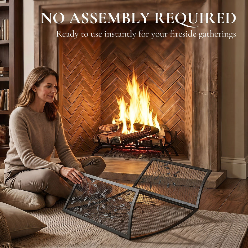 No assembly panel showing a woman unfolding the screen on the floor by a fire