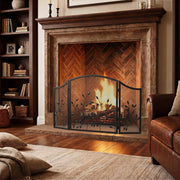 Fireplace screen set against a dark wood surround in a traditional living room