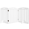 White freestanding dog gate with arched top and bone-shaped cutouts shown from the front