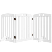 White freestanding dog gate with arched top and bone-shaped cutouts shown from the front