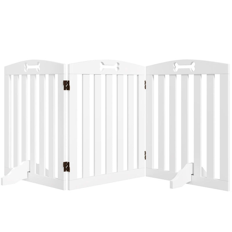 White freestanding dog gate with arched top and bone-shaped cutouts shown from the front