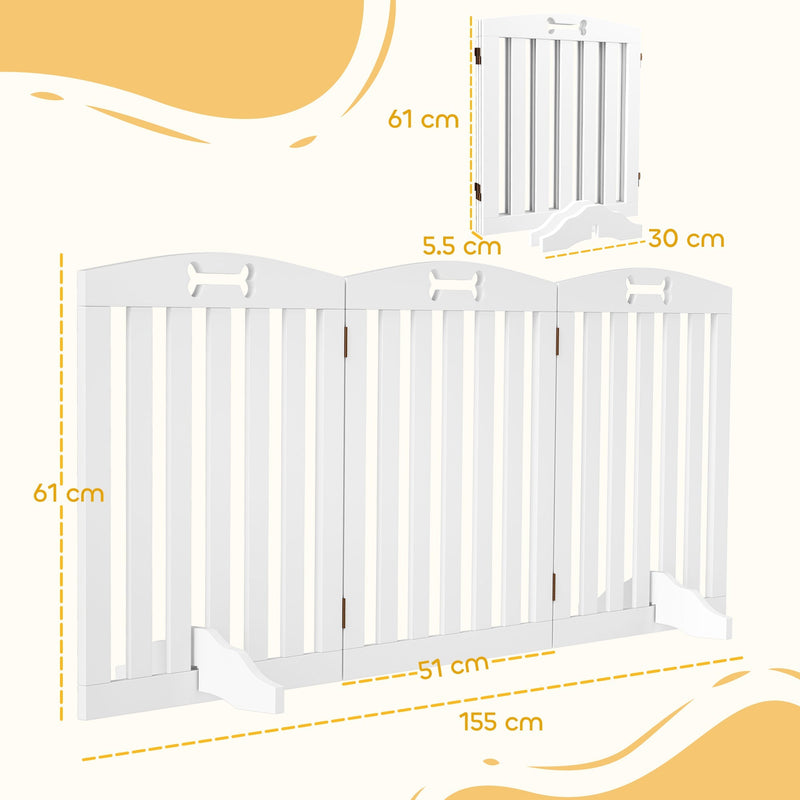 Dimension diagram showing the gate at 155 cm wide and 61 cm high, folding to 30 cm and 5.5 cm thick