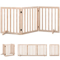PawHut natural pine freestanding dog gate shown open, folded and closed views