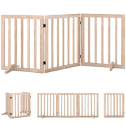 PawHut natural pine freestanding dog gate shown open, folded and closed views
