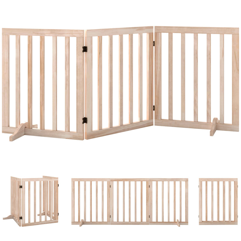PawHut natural pine freestanding dog gate shown open, folded and closed views