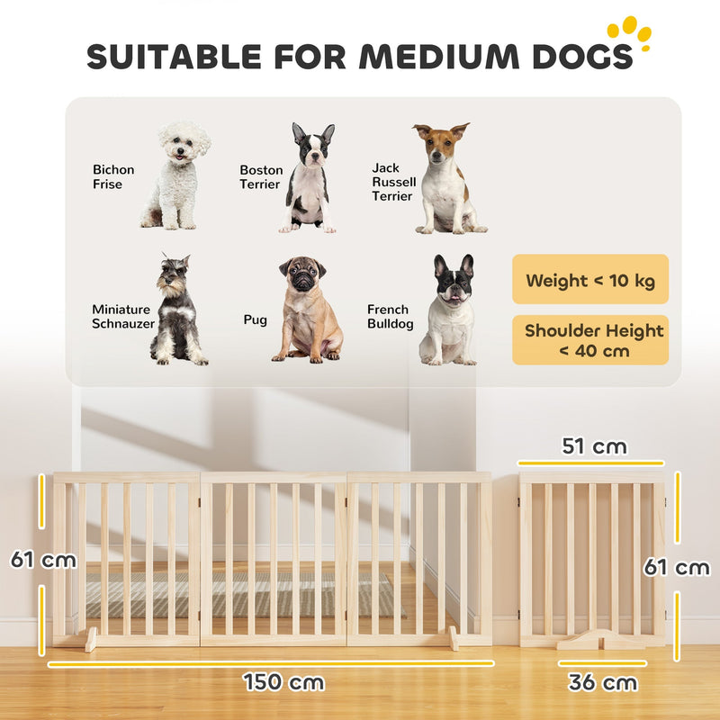 Dimension diagram showing the dog gate open at 150 cm long, 61 cm high and folded to 36 cm, suitable for dogs under 10 kg and 40 cm shoulder height