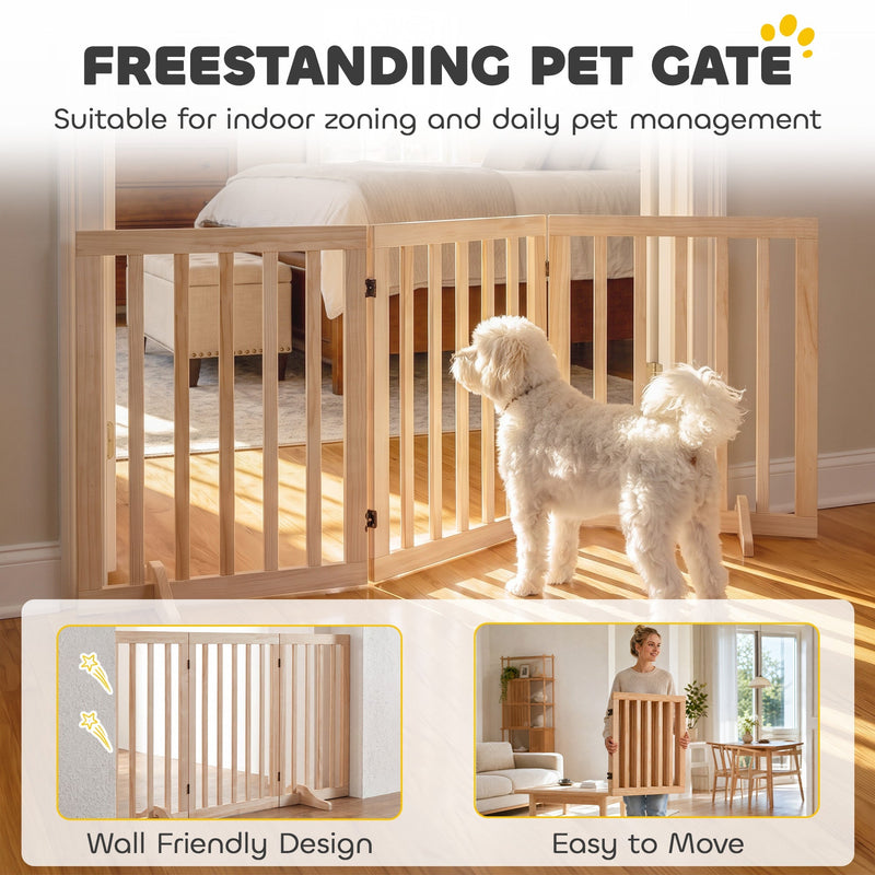 Freestanding pine dog gate being carried and placed against a wall, showing the wall-friendly and easy-to-move design