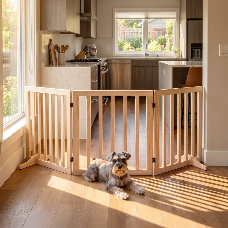Dog lying beside the natural pine gate positioned across a kitchen doorway