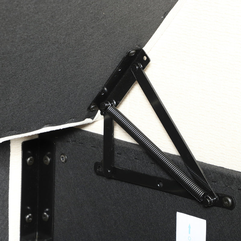 Close-up of the metal lift-up hinge and spring mechanism under a sofa seat